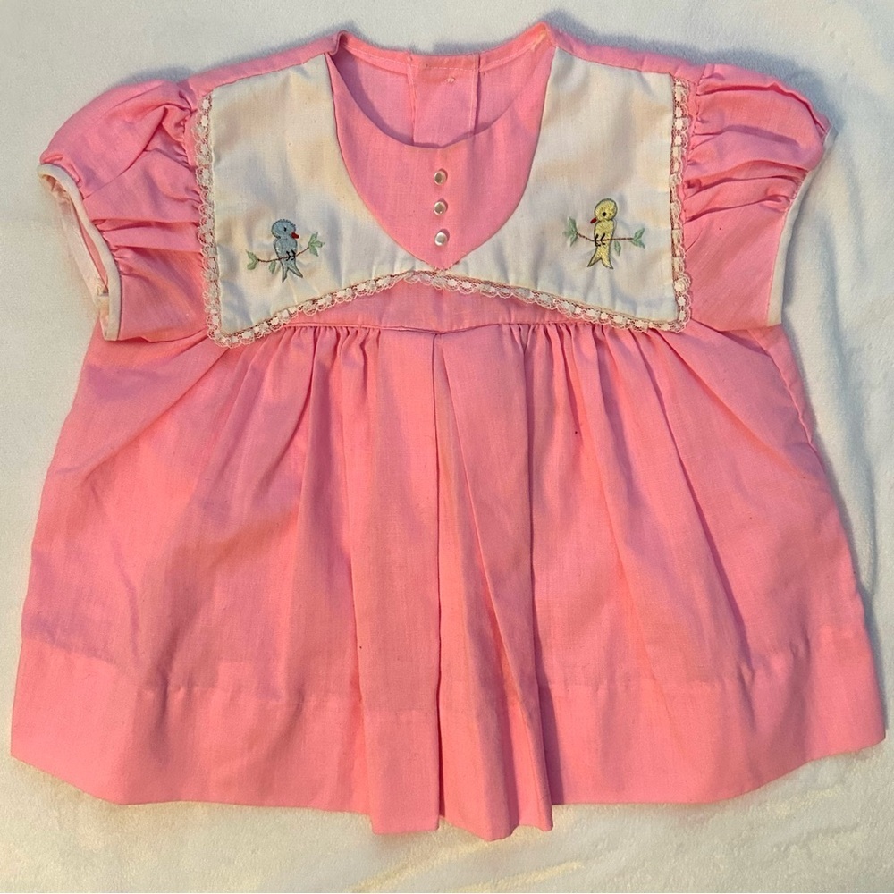 Vintage Pink Embroidered Birds Collared Dress Baby Girls 18M unbranded no tags